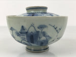 Japanese Porcelain Sometsuke Lidded Rice Bowl Owan White Blue Sea Village Y481