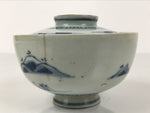 Japanese Porcelain Sometsuke Lidded Rice Bowl Owan White Blue Sea Village Y481