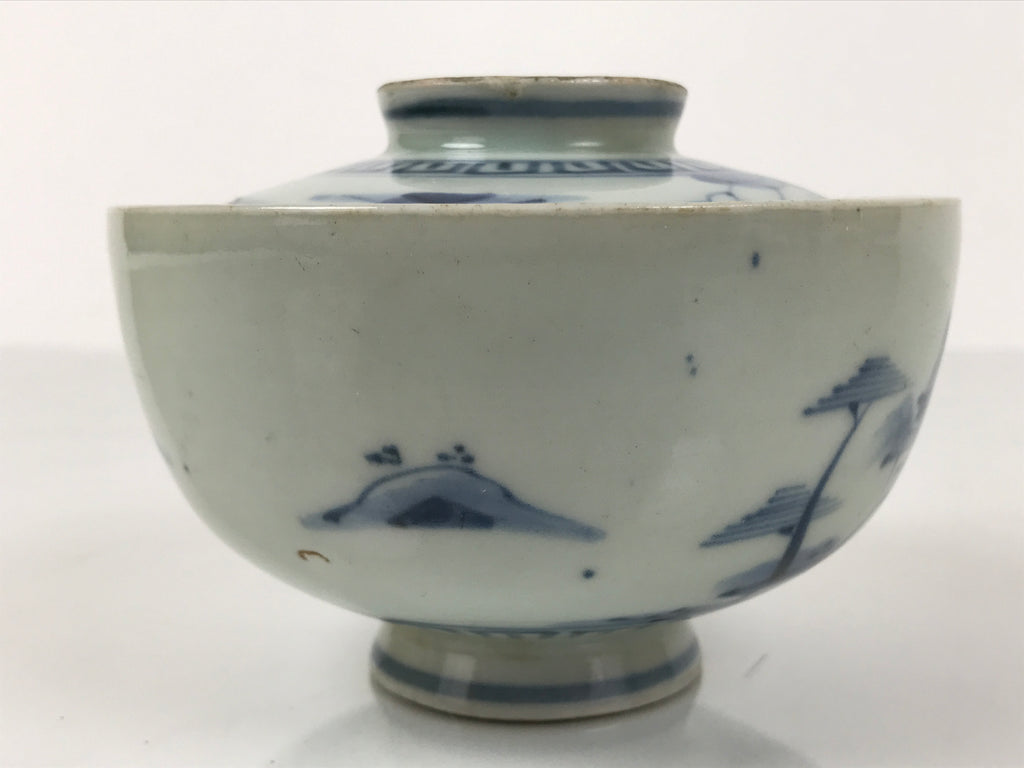 Japanese Porcelain Sometsuke Lidded Rice Bowl Owan White Blue Sea Village Y481
