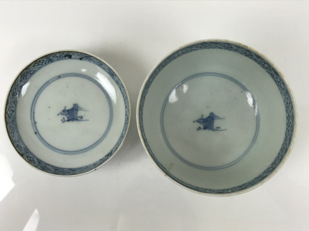 Japanese Porcelain Sometsuke Lidded Rice Bowl Owan White Blue Sea Village Y481