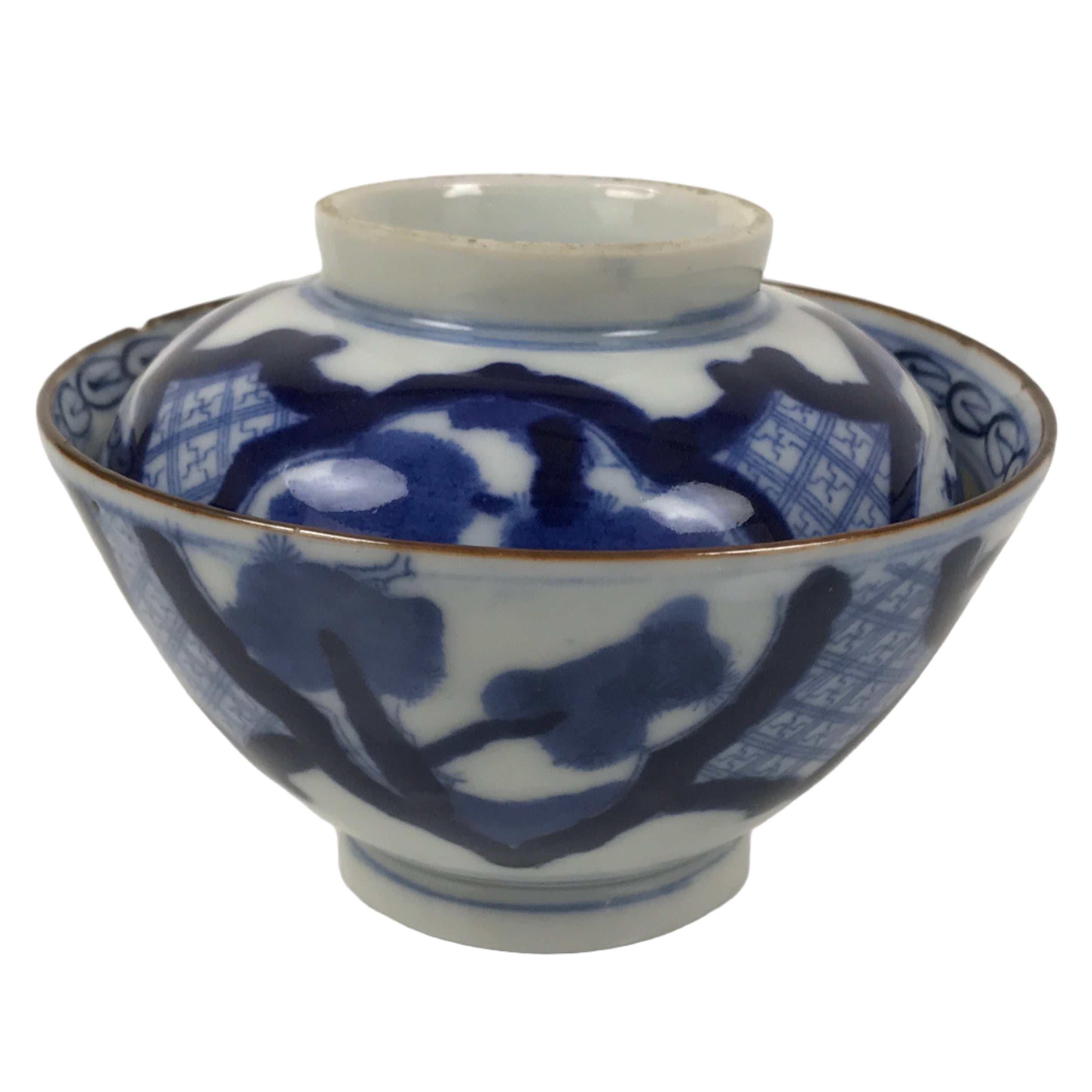 Japanese Porcelain Sometsuke Lidded Rice Bowl Vtg Owan White Blue Pine Plum Y480