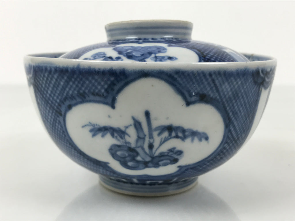Japanese Porcelain Sometsuke Lidded Rice Bowl Vtg Owan White Blue Plum Pine Y479
