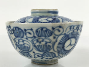 Japanese Porcelain Sometsuke Lidded Soup Bowl Vtg Floral Design Blue White PY700