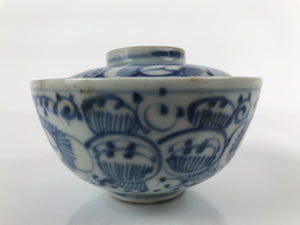 Japanese Porcelain Sometsuke Lidded Soup Bowl Vtg Floral Design Blue White PY703