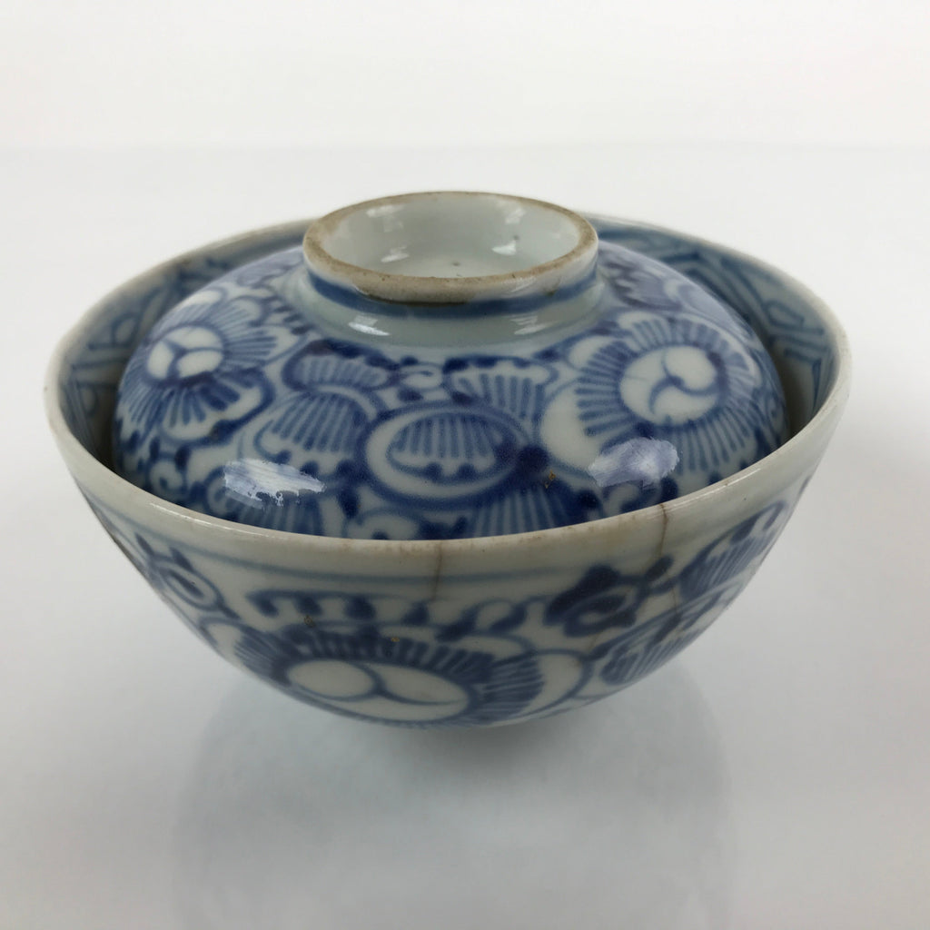 Japanese Porcelain Sometsuke Lidded Soup Bowl Vtg Floral Design Blue White PY703