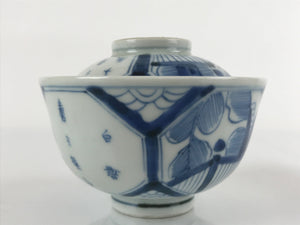 Japanese Porcelain Sometsuke Lidded Soup Bowl Vtg Floral Kanji Blue White PY724