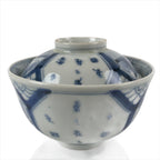 Japanese Porcelain Sometsuke Lidded Soup Bowl Vtg Floral Kanji Blue White PY724
