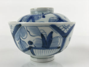 Japanese Porcelain Sometsuke Lidded Soup Bowl Vtg Floral Kanji Blue White PY727