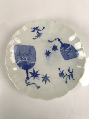 Japanese Porcelain Sometsuke Plate Vtg Blue White Uchiwa Maple Leaf Plum PY769