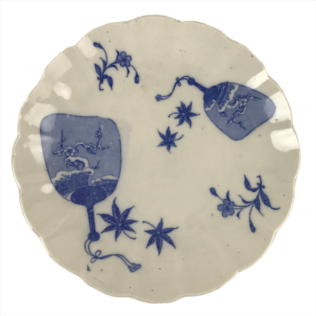 Japanese Porcelain Sometsuke Plate Vtg Blue White Uchiwa Maple Leaf Plum PY770