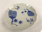 Japanese Porcelain Sometsuke Plate Vtg Blue White Uchiwa Maple Leaf Plum PY771