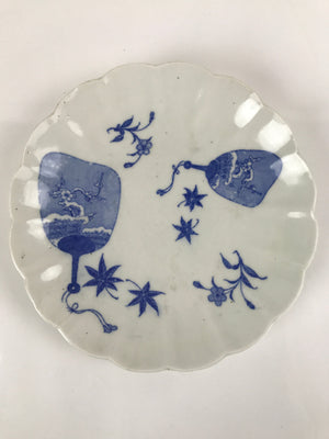 Japanese Porcelain Sometsuke Plate Vtg Blue White Uchiwa Maple Leaf Plum PY772