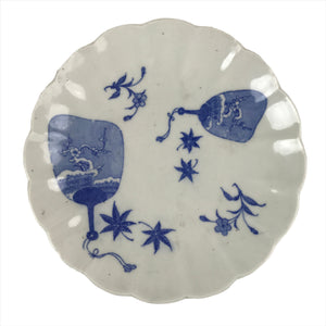 Japanese Porcelain Sometsuke Plate Vtg Blue White Uchiwa Maple Leaf Plum PY772