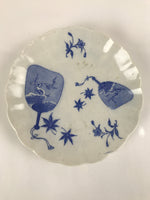 Japanese Porcelain Sometsuke Plate Vtg Blue White Uchiwa Maple Leaf Plum PY773