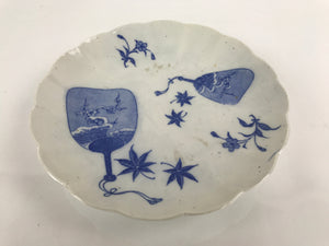 Japanese Porcelain Sometsuke Plate Vtg Blue White Uchiwa Maple Leaf Plum PY773