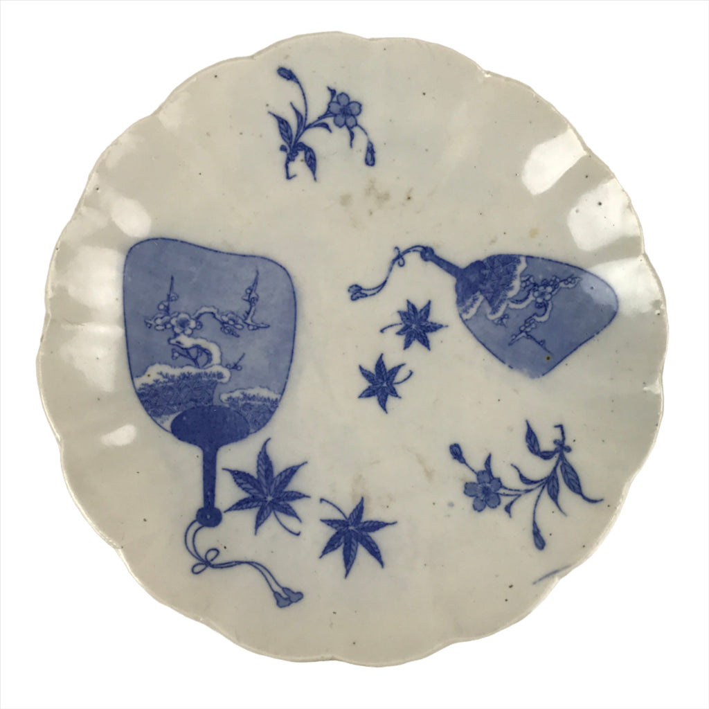 Japanese Porcelain Sometsuke Plate Vtg Blue White Uchiwa Maple Leaf Plum PY773