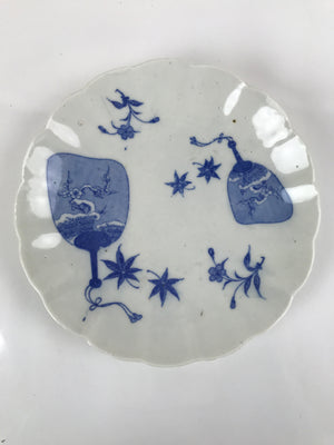 Japanese Porcelain Sometsuke Plate Vtg Blue White Uchiwa Maple Leaf Plum PY774