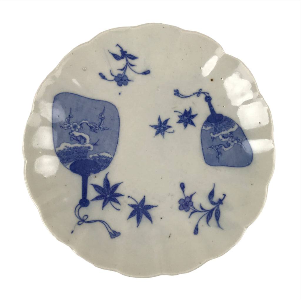 Japanese Porcelain Sometsuke Plate Vtg Blue White Uchiwa Maple Leaf Plum PY774