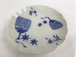 Japanese Porcelain Sometsuke Plate Vtg Blue White Uchiwa Maple Leaf Plum PY775