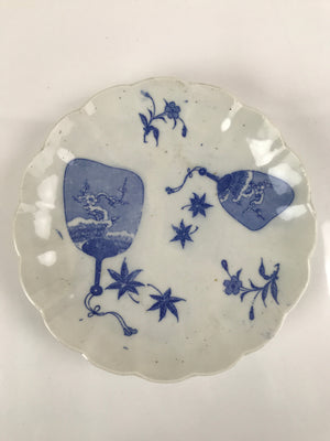 Japanese Porcelain Sometsuke Plate Vtg Blue White Uchiwa Maple Leaf Plum PY776