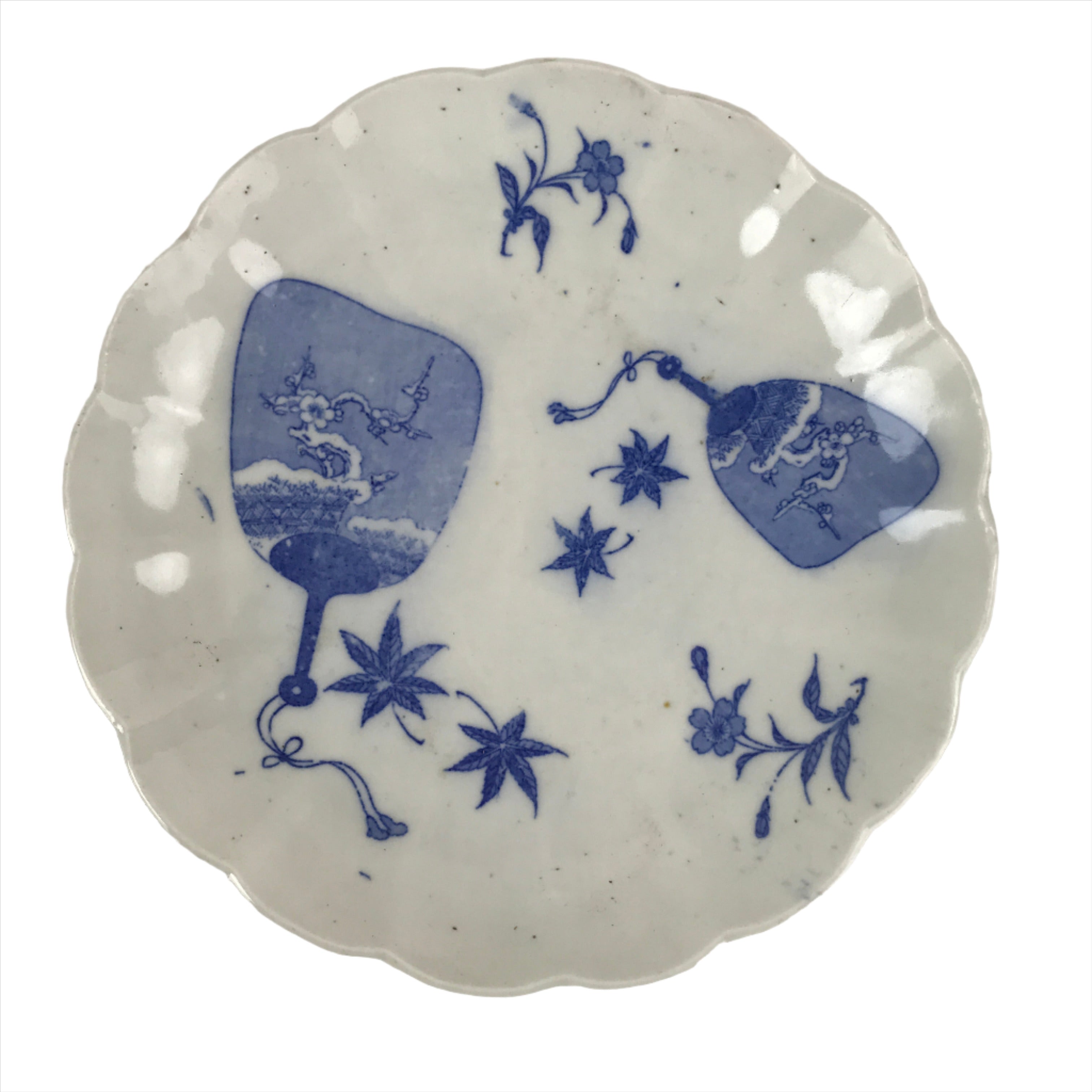 Japanese Porcelain Sometsuke Plate Vtg Blue White Uchiwa Maple Leaf Plum PY776