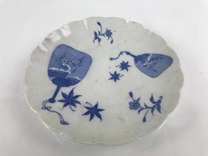 Japanese Porcelain Sometsuke Plate Vtg Blue White Uchiwa Maple Leaf Plum PY777