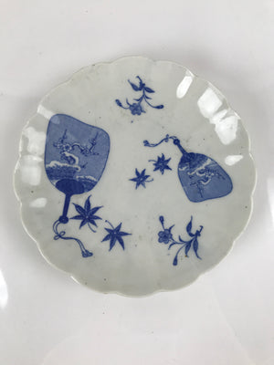 Japanese Porcelain Sometsuke Plate Vtg Blue White Uchiwa Maple Leaf Plum PY779