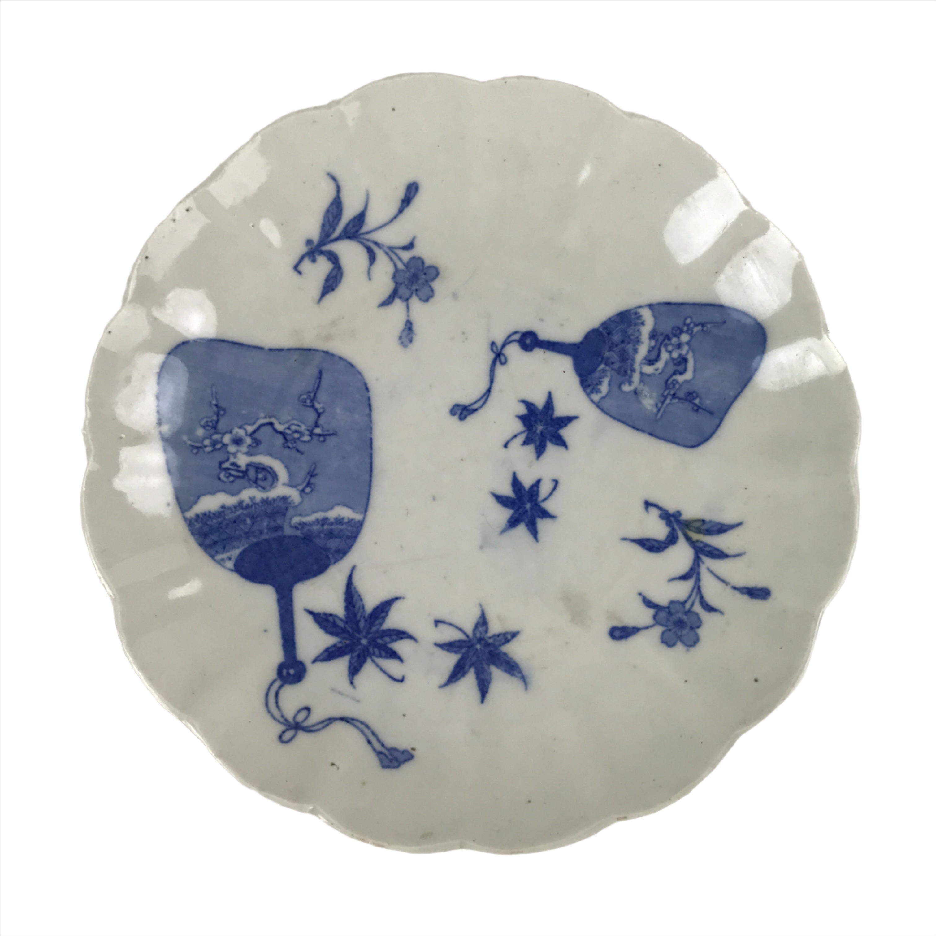 Japanese Porcelain Sometsuke Plate Vtg Blue White Uchiwa Maple Leaf Plum PY780