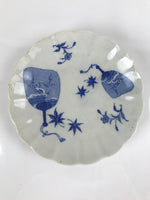 Japanese Porcelain Sometsuke Plate Vtg Blue White Uchiwa Maple Leaf Plum PY782