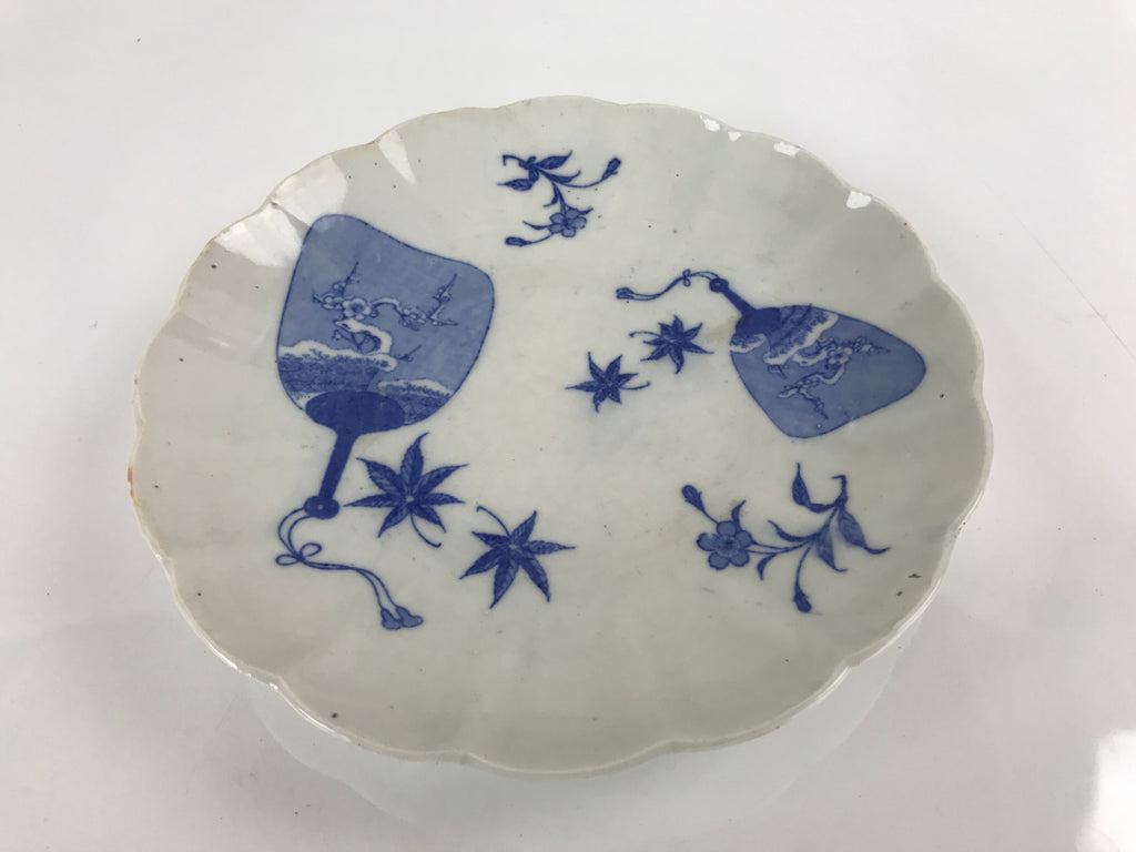 Japanese Porcelain Sometsuke Plate Vtg Blue White Uchiwa Maple Leaf Plum PY782