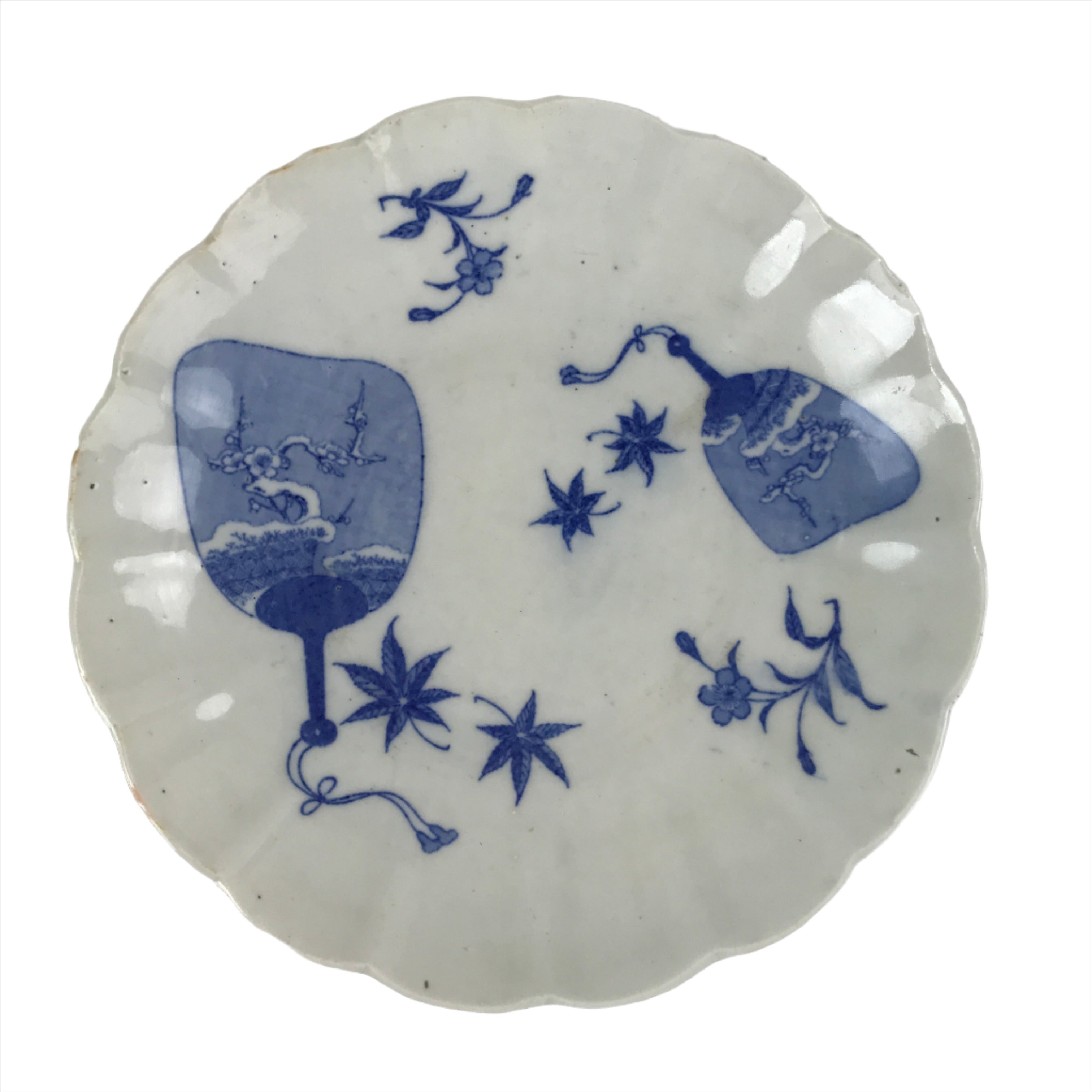 Japanese Porcelain Sometsuke Plate Vtg Blue White Uchiwa Maple Leaf Plum PY782