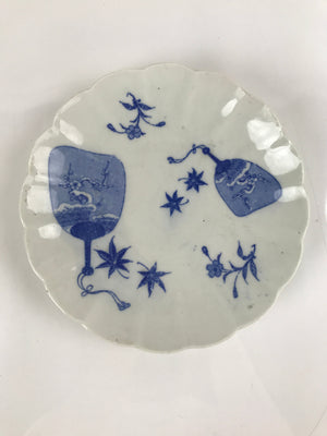 Japanese Porcelain Sometsuke Plate Vtg Blue White Uchiwa Maple Leaf Plum PY783