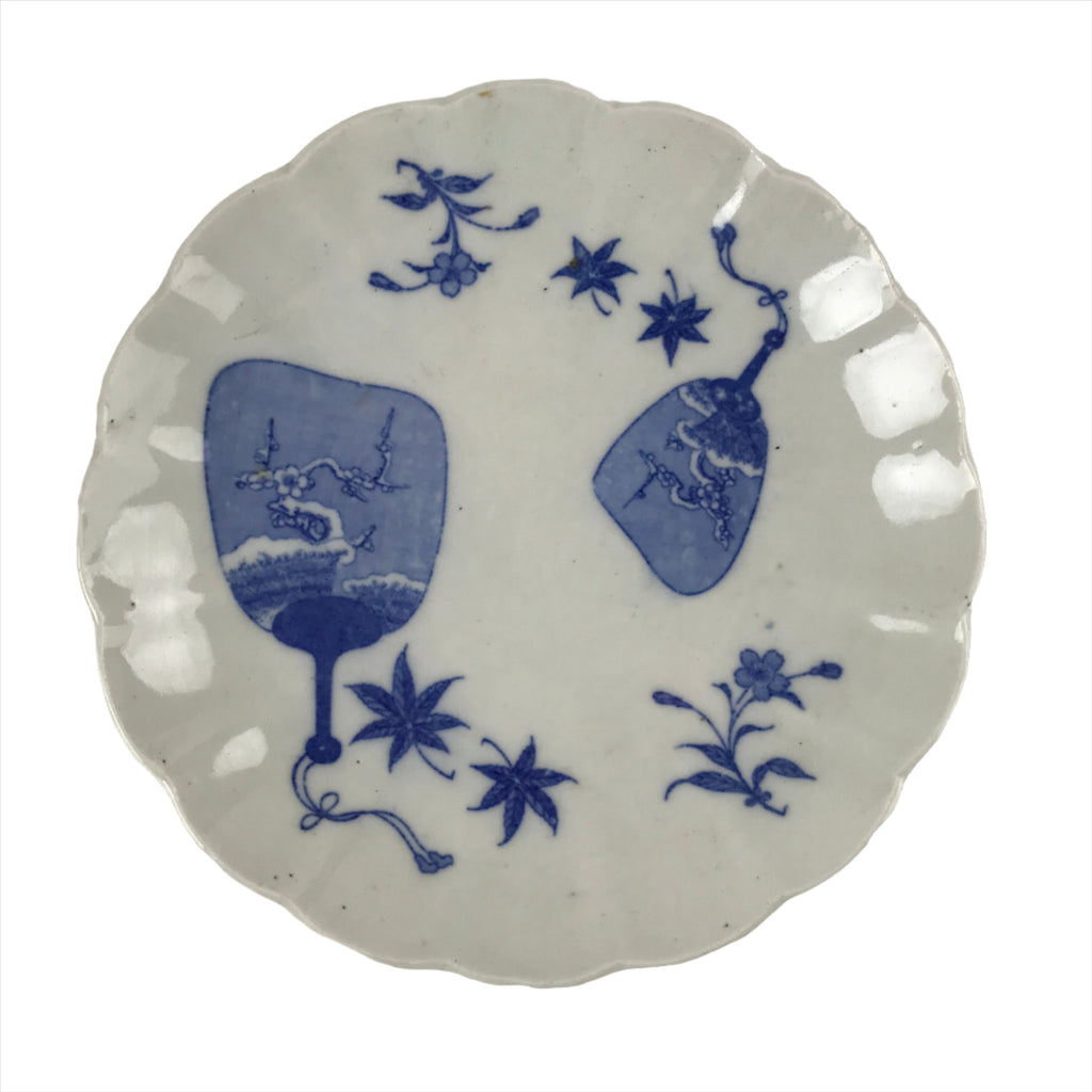 Japanese Porcelain Sometsuke Plate Vtg Blue White Uchiwa Maple Leaf Plum PY784