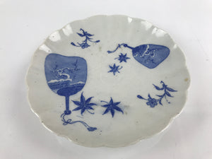 Japanese Porcelain Sometsuke Plate Vtg Blue White Uchiwa Maple Leaf Plum PY785