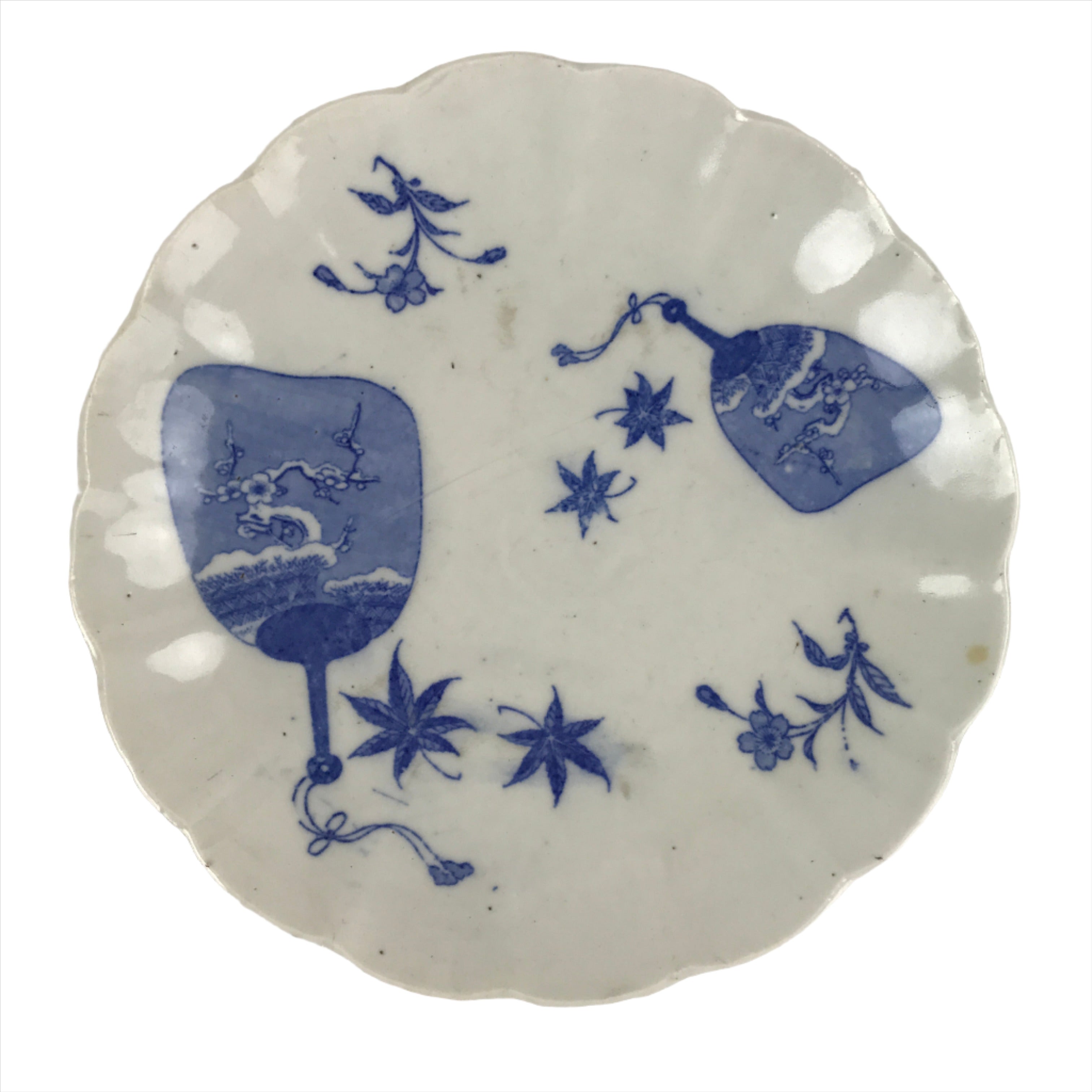 Japanese Porcelain Sometsuke Plate Vtg Blue White Uchiwa Maple Leaf Plum PY785