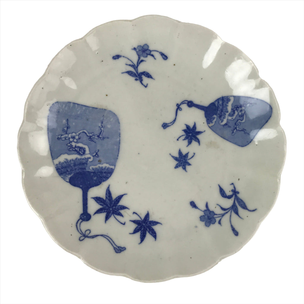 Japanese Porcelain Sometsuke Plate Vtg Blue White Uchiwa Maple Leaf Plum PY786