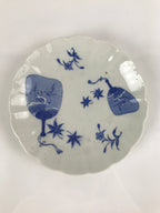 Japanese Porcelain Sometsuke Plate Vtg Blue White Uchiwa Maple Leaf Plum PY787