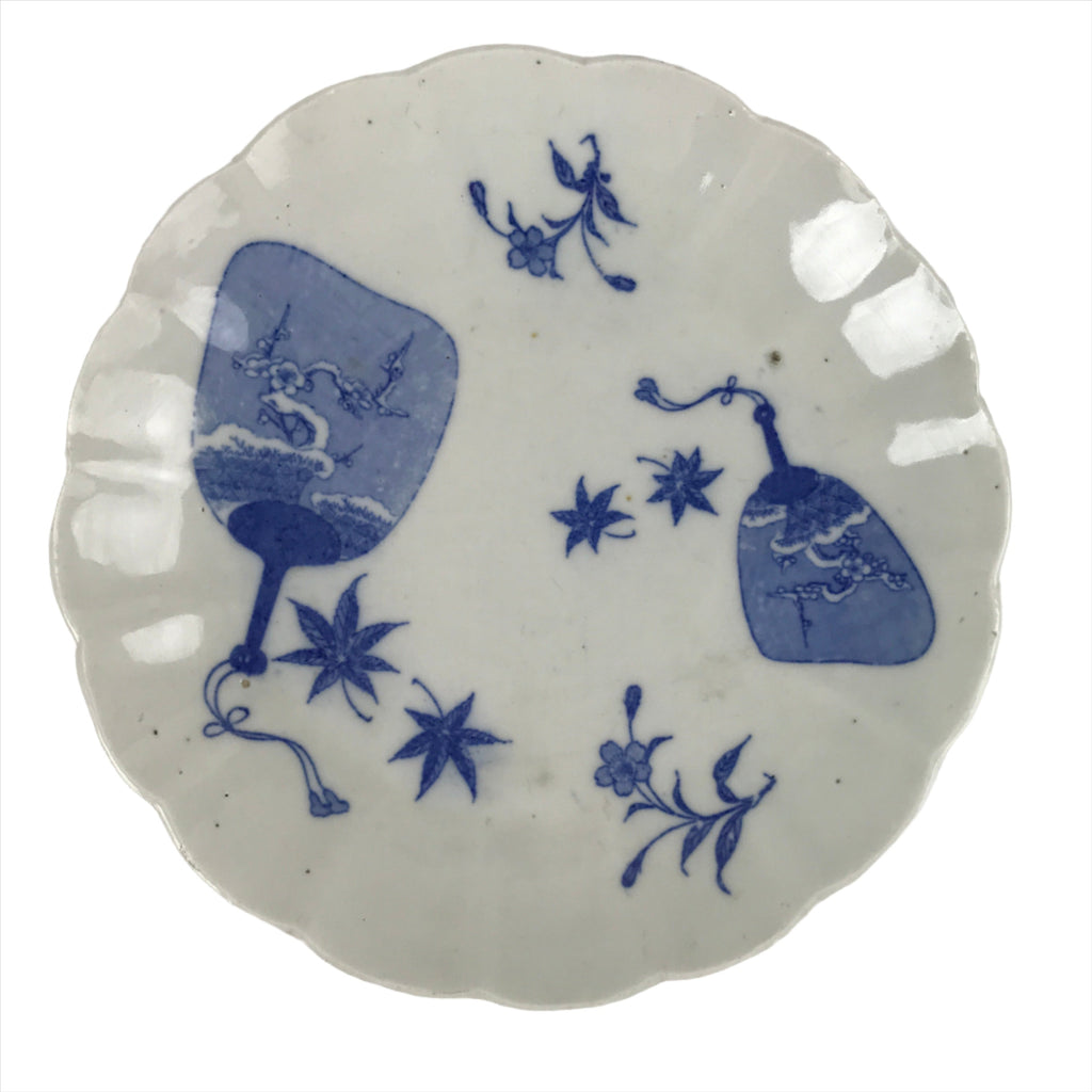 Japanese Porcelain Sometsuke Plate Vtg Blue White Uchiwa Maple Leaf Plum PY787