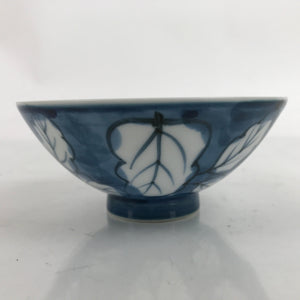 Japanese Porcelain Sometsuke Rice Bowl Owan Vtg Wide White Blue Leaves Y43