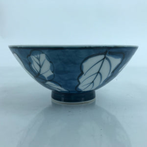 Japanese Porcelain Sometsuke Rice Bowl Owan Vtg Wide White Blue Leaves Y45