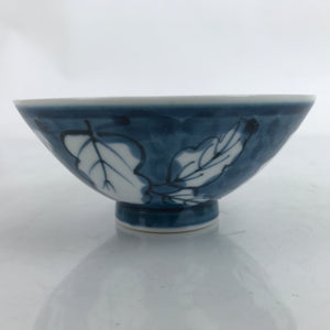 Japanese Porcelain Sometsuke Rice Bowl Owan Vtg Wide White Blue Leaves Y46