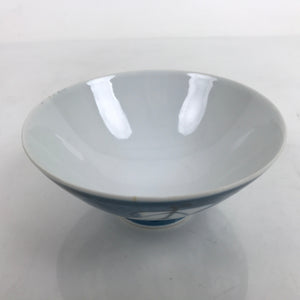 Japanese Porcelain Sometsuke Rice Bowl Owan Vtg Wide White Blue Leaves Y46