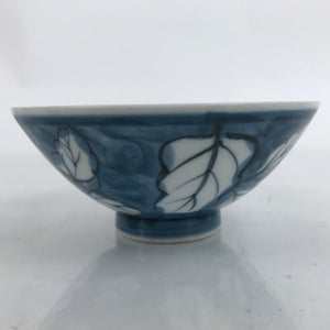 Japanese Porcelain Sometsuke Rice Bowl Owan Vtg Wide White Blue Leaves Y47