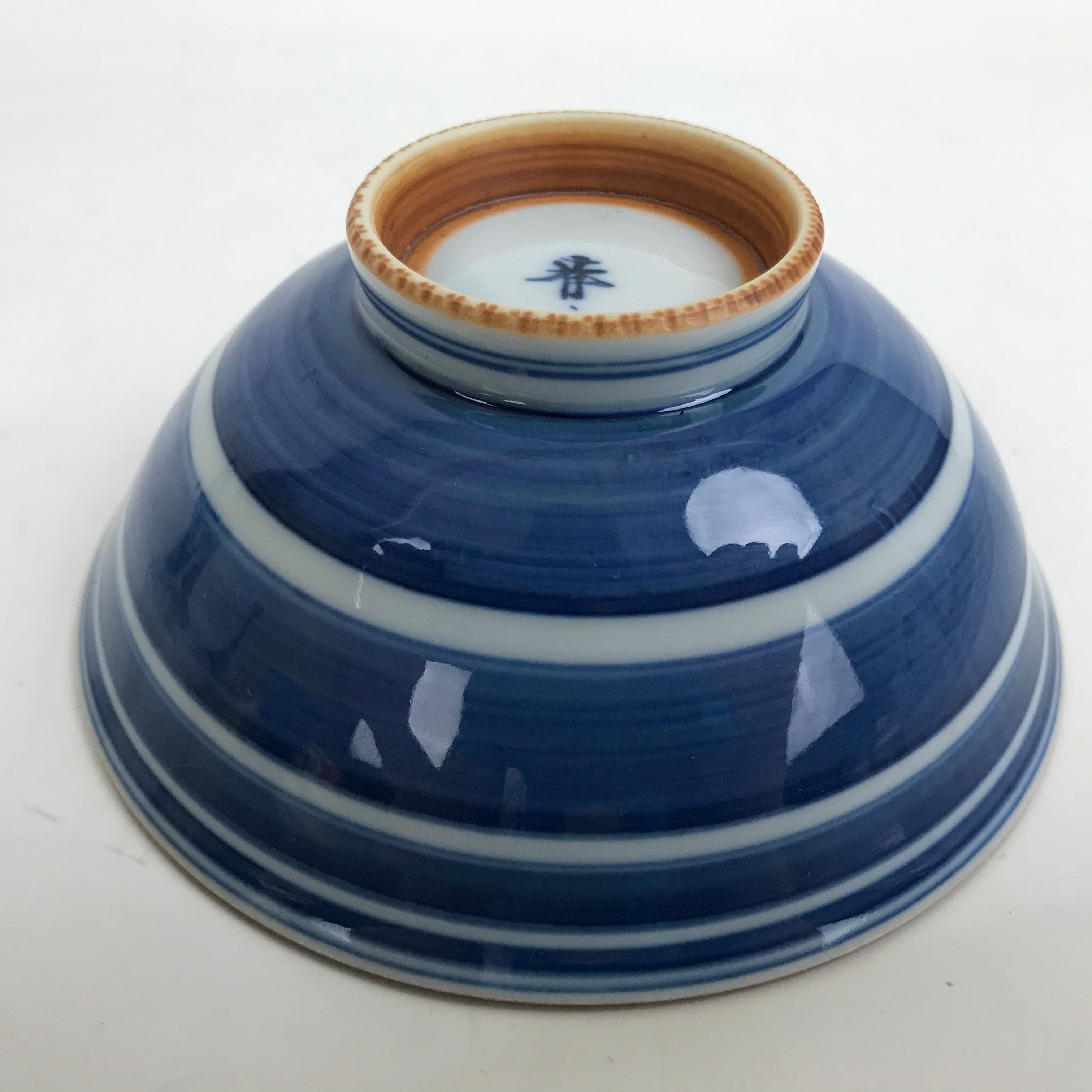 Japanese Porcelain Sometsuke Rice Bowl Owan Vtg Wide White Blue Lines Y36