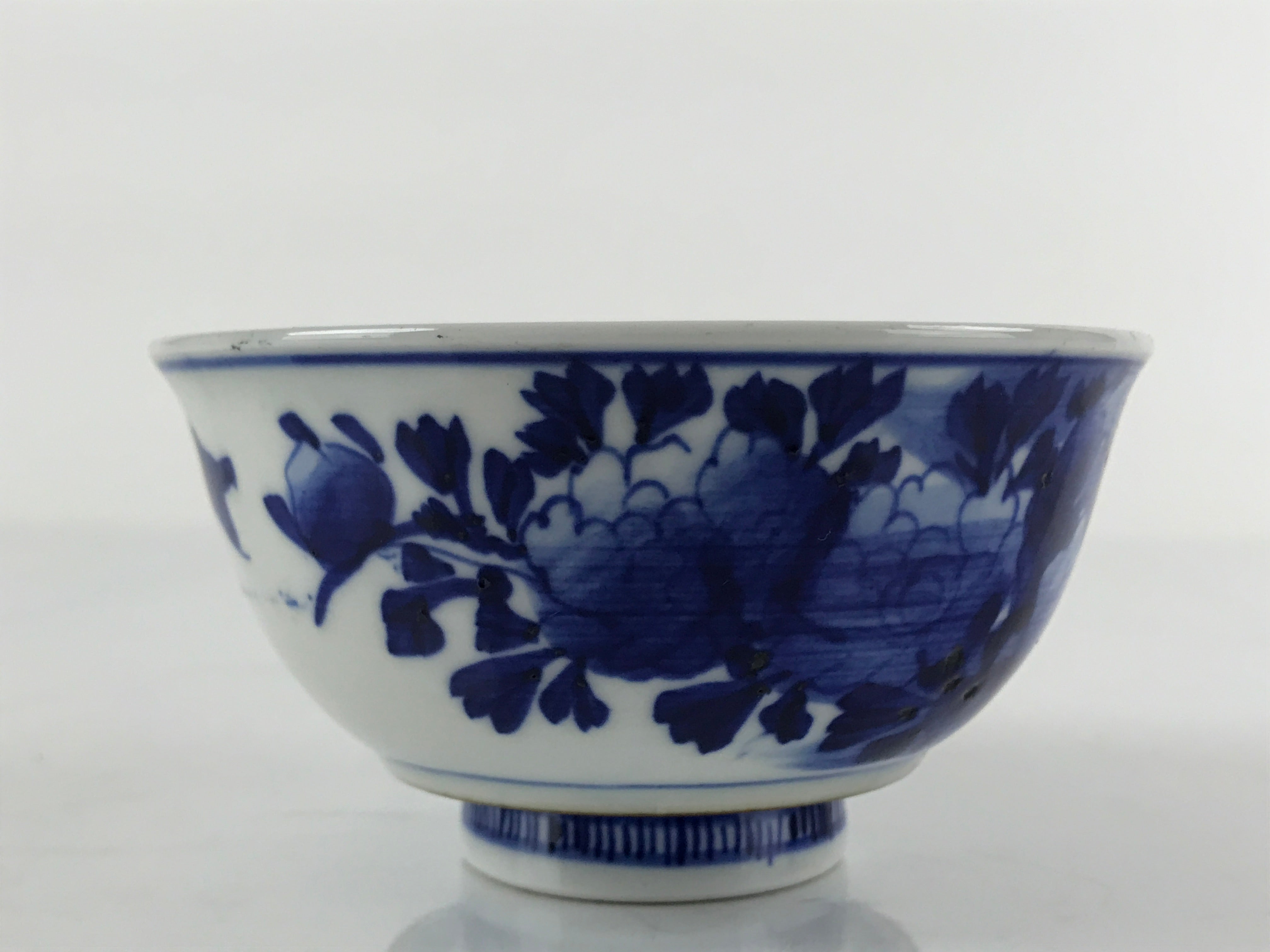 Japanese Porcelain Sometsuke Rice Bowl Vtg Flowers Chidori Blue White PY663