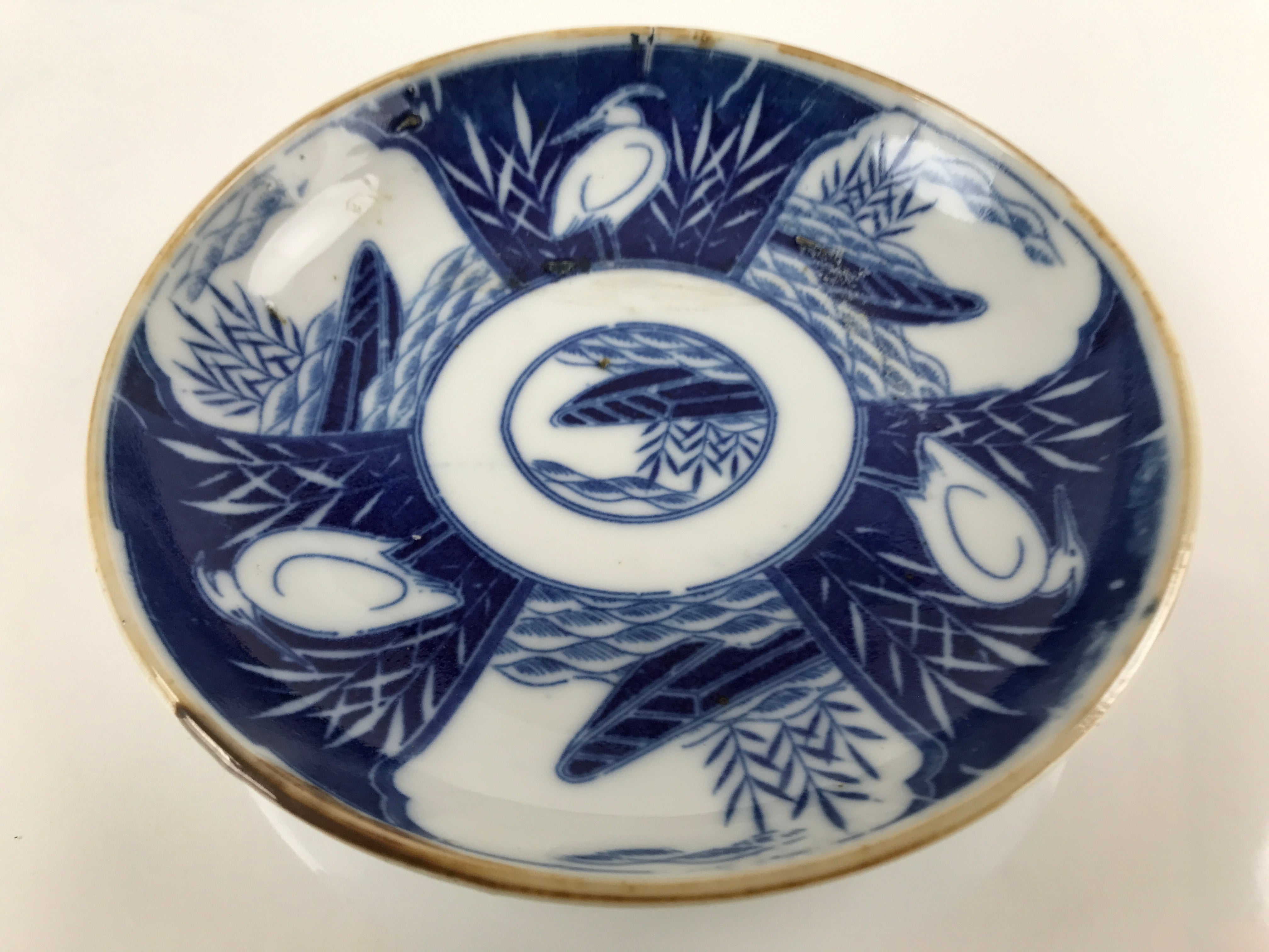 Japanese Porcelain Sometsuke Small Plate Kozara Vtg Crane Bird Blue White PY741