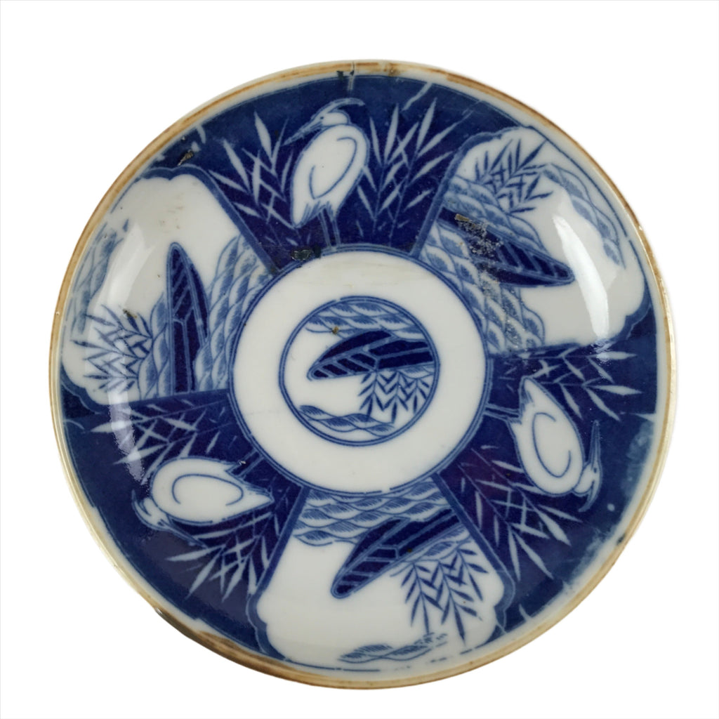 Japanese Porcelain Sometsuke Small Plate Kozara Vtg Crane Bird Blue White PY741