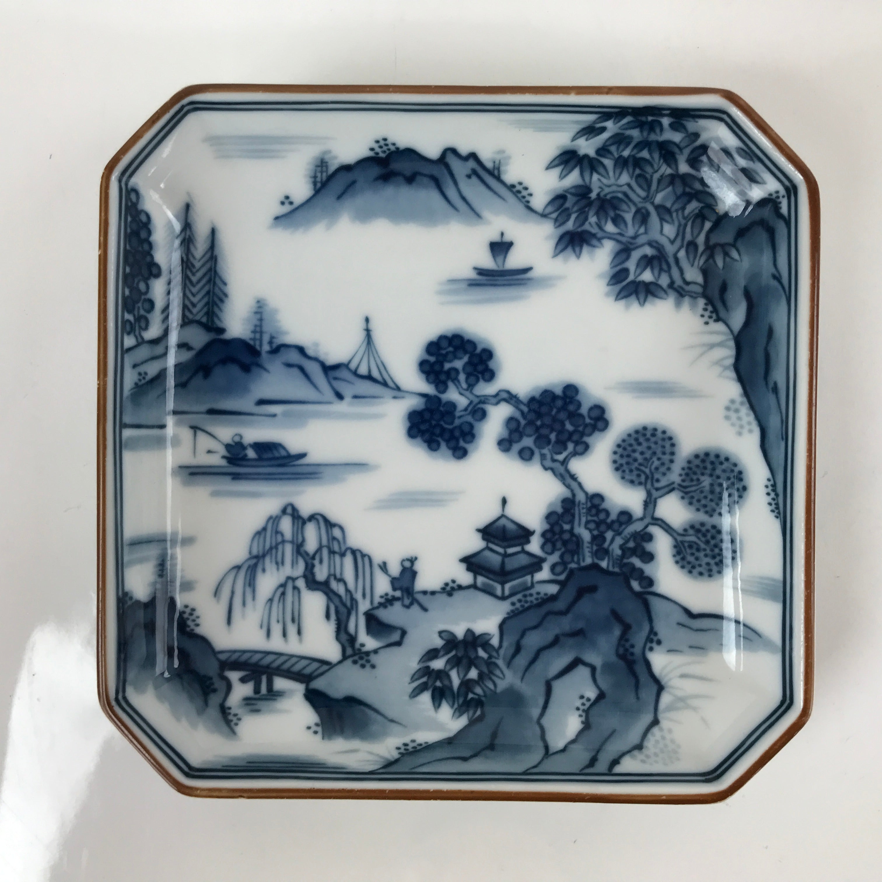 Japanese Porcelain Sometsuke Small Plate Vtg Blue Mountain River Scenery PY823