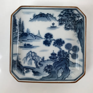 Japanese Porcelain Sometsuke Small Plate Vtg Blue Mountain River Scenery PY824