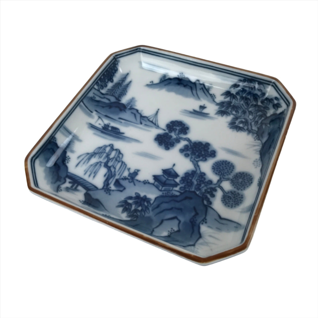 Japanese Porcelain Sometsuke Small Plate Vtg Blue Mountain River Scenery PY824